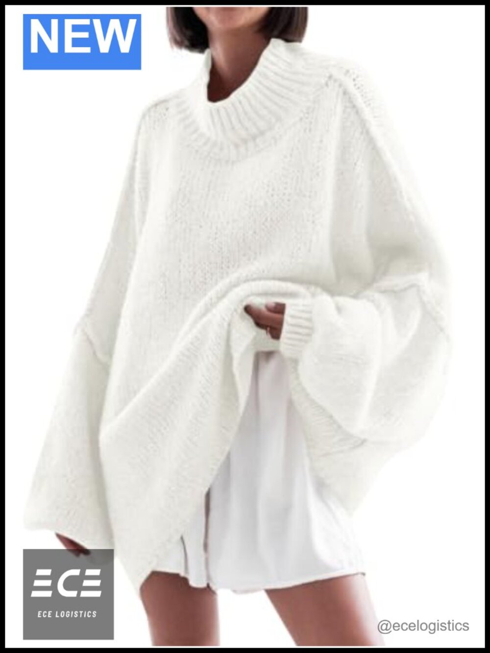 Oversized Mock Neck Tunic Sweater Batwing Long Sleeve Ribbed Knit Pullover